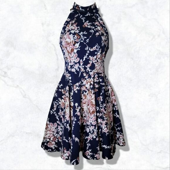 B Darlin Mock Neckline Fit & Flare Pleated Floral Navy & Cream & Pink Dress - Picture 2 of 8